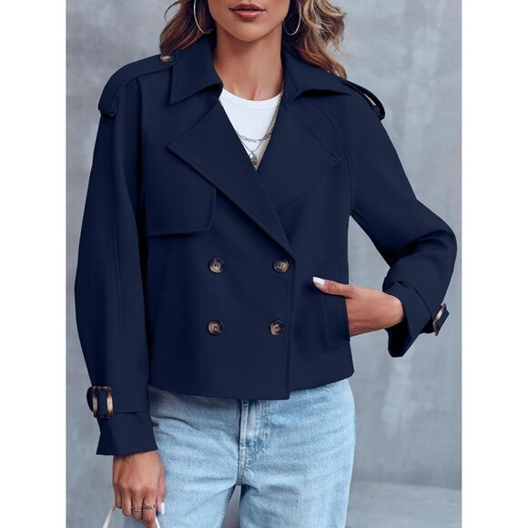 Women's Dark Blue Crop Double Breasted Trench Coat Raglan Sleeve Cropped Jacket - Picture 3 of 6